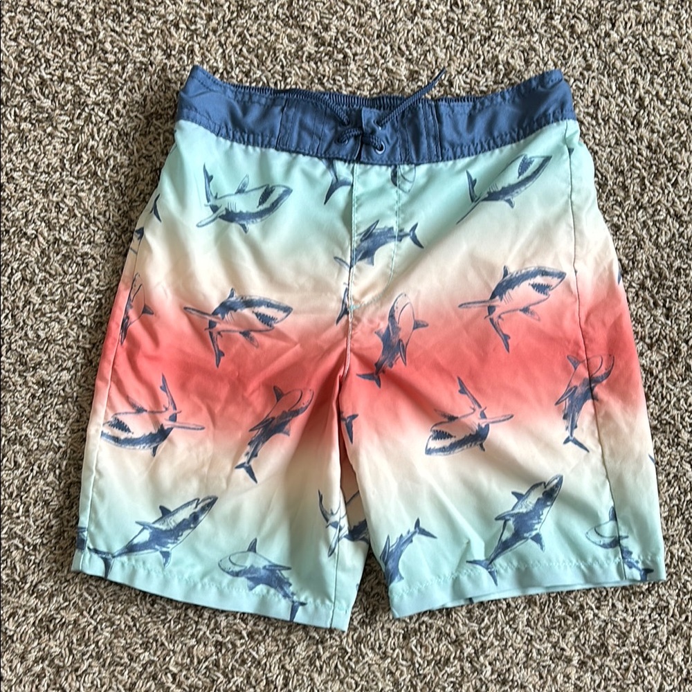 Oshkosh B’gosh Boys Blue and Orange Shark Print Swim Trunks, size 8